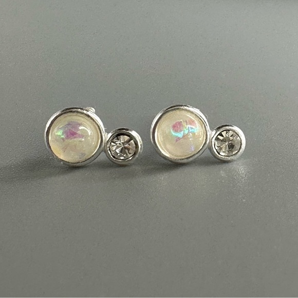 Sterling Silver Crystal and Opal Tiny Stud Earrings - Picture 5 of 9